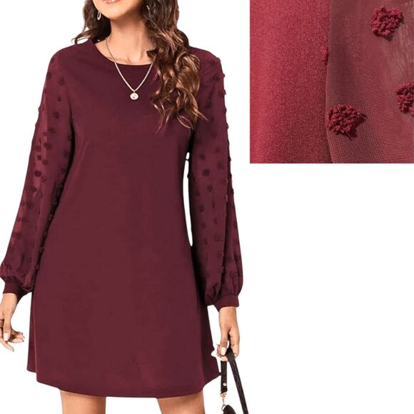 Dresses & Skirts - New Elegant Swiss Dot Sheer Long Sleeve A-Line Burgundy Mini Dress Large
